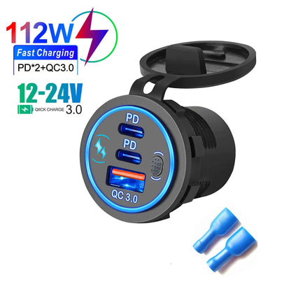 3 Ports Quick Charge 112W Car Charger for 12V 24V Vehicles