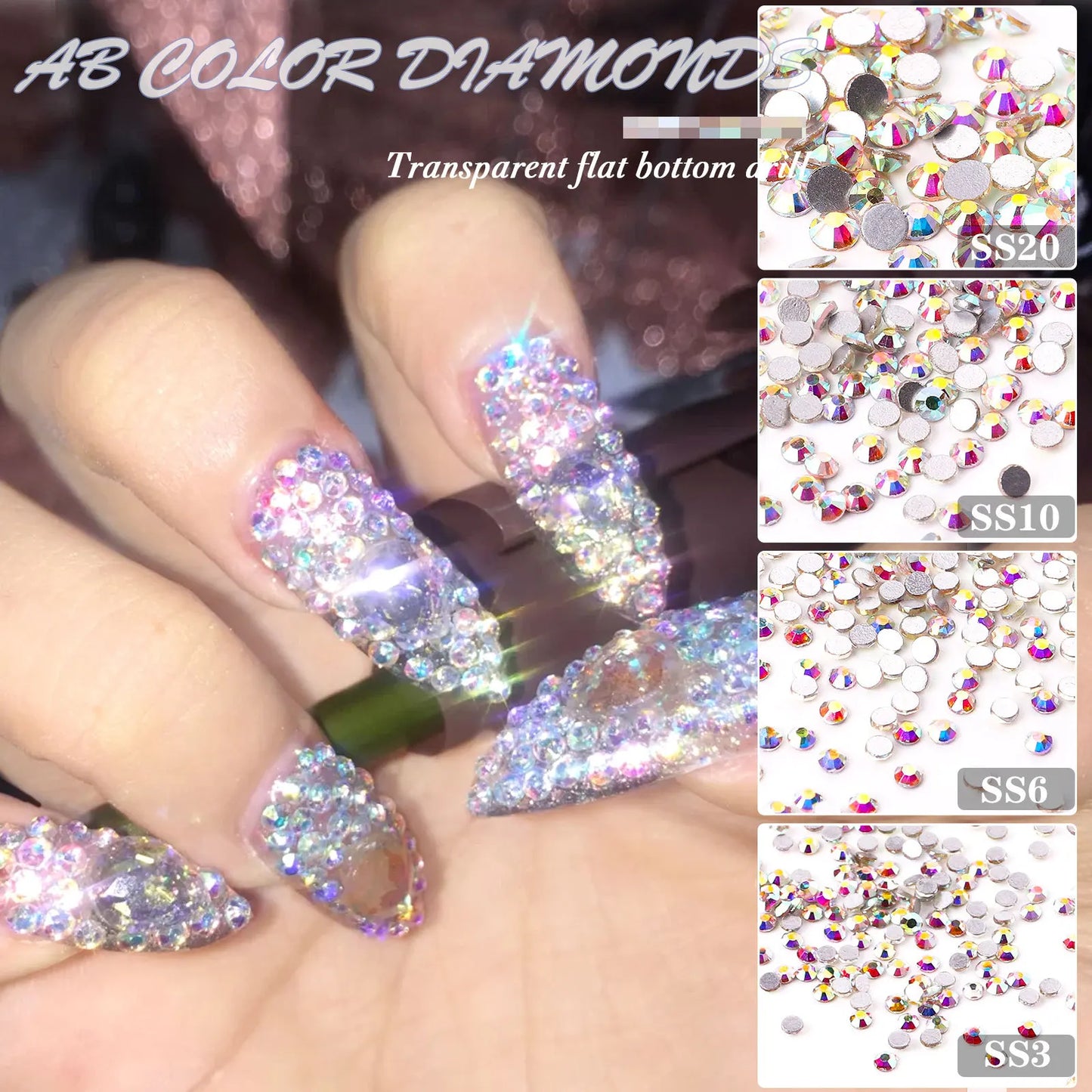 1440Pcs/bag AB/Clear Round Mini Nail Diamond SS3-SS16(1.3-4mm) FlatBack Non-Hotfix Nail Crystal Crystal Clear AB Manicure Glass