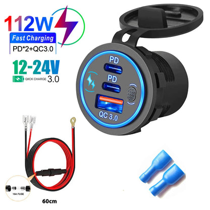3 Ports Quick Charge 112W Car Charger for 12V 24V Vehicles