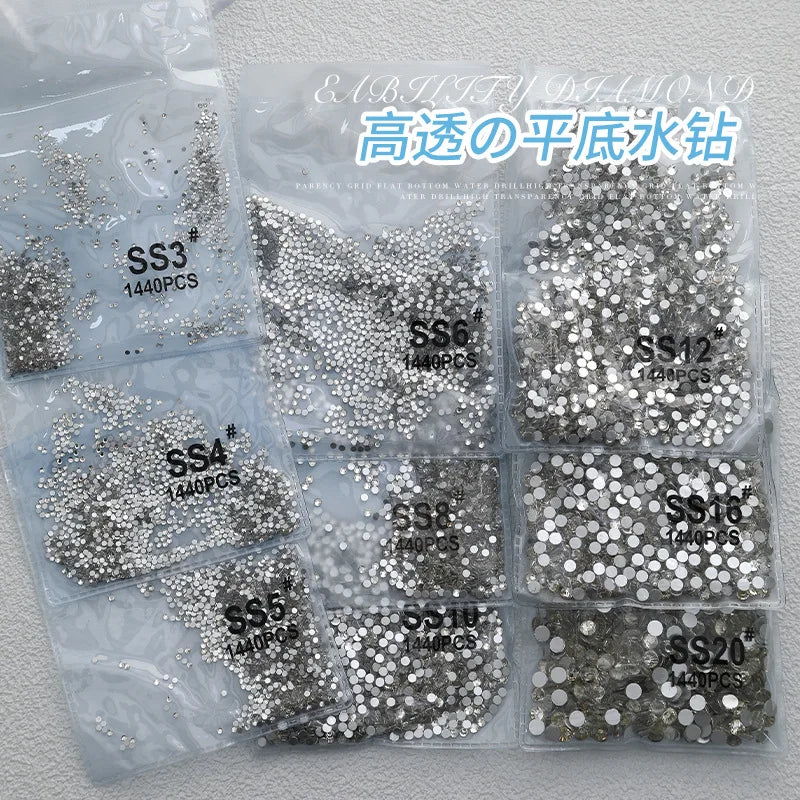 1440Pcs/bag AB/Clear Round Mini Nail Diamond SS3-SS16(1.3-4mm) FlatBack Non-Hotfix Nail Crystal Crystal Clear AB Manicure Glass