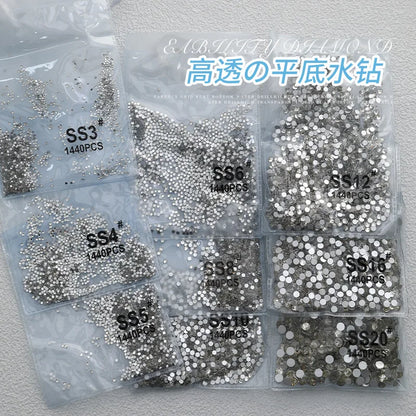 1440Pcs/bag AB/Clear Round Mini Nail Diamond SS3-SS16(1.3-4mm) FlatBack Non-Hotfix Nail Crystal Crystal Clear AB Manicure Glass