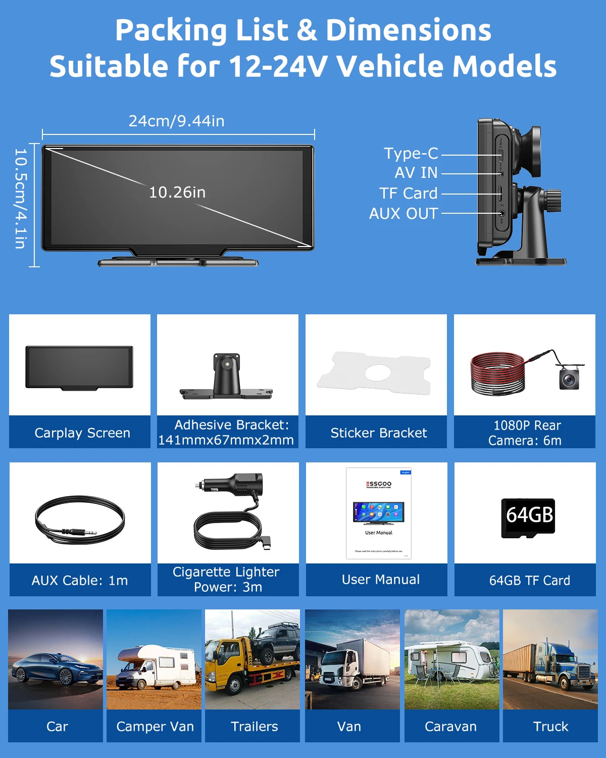 10.26"4K 64G TouchScreen Portable Wireless CarPlay Android Auto Truck Dash Car Stereo Bluetooth GPS Navi Reversing Wide-Angle FM