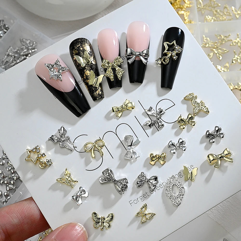 120pcs/box 3D Gold Bow Butterfly Nail Metal Charms Shiny Cute Bowtie/Diamond Star Nail Jewelry 120 Luxury Nail Art Supplies #RE4