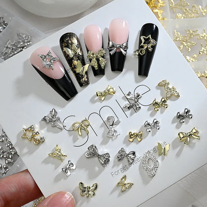 120pcs/box 3D Gold Bow Butterfly Nail Metal Charms Shiny Cute Bowtie/Diamond Star Nail Jewelry 120 Luxury Nail Art Supplies #RE4