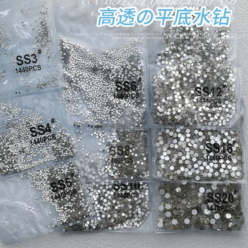 1440Pcs/bag AB/Clear Round Mini Nail Diamond SS3-SS16(1.3-4mm) FlatBack Non-Hotfix Nail Crystal Crystal Clear AB Manicure Glass