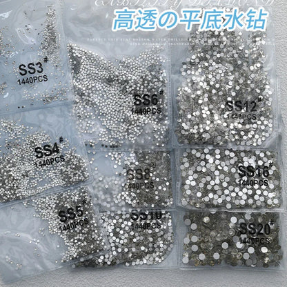 1440Pcs/bag AB/Clear Round Mini Nail Diamond SS3-SS16(1.3-4mm) FlatBack Non-Hotfix Nail Crystal Crystal Clear AB Manicure Glass