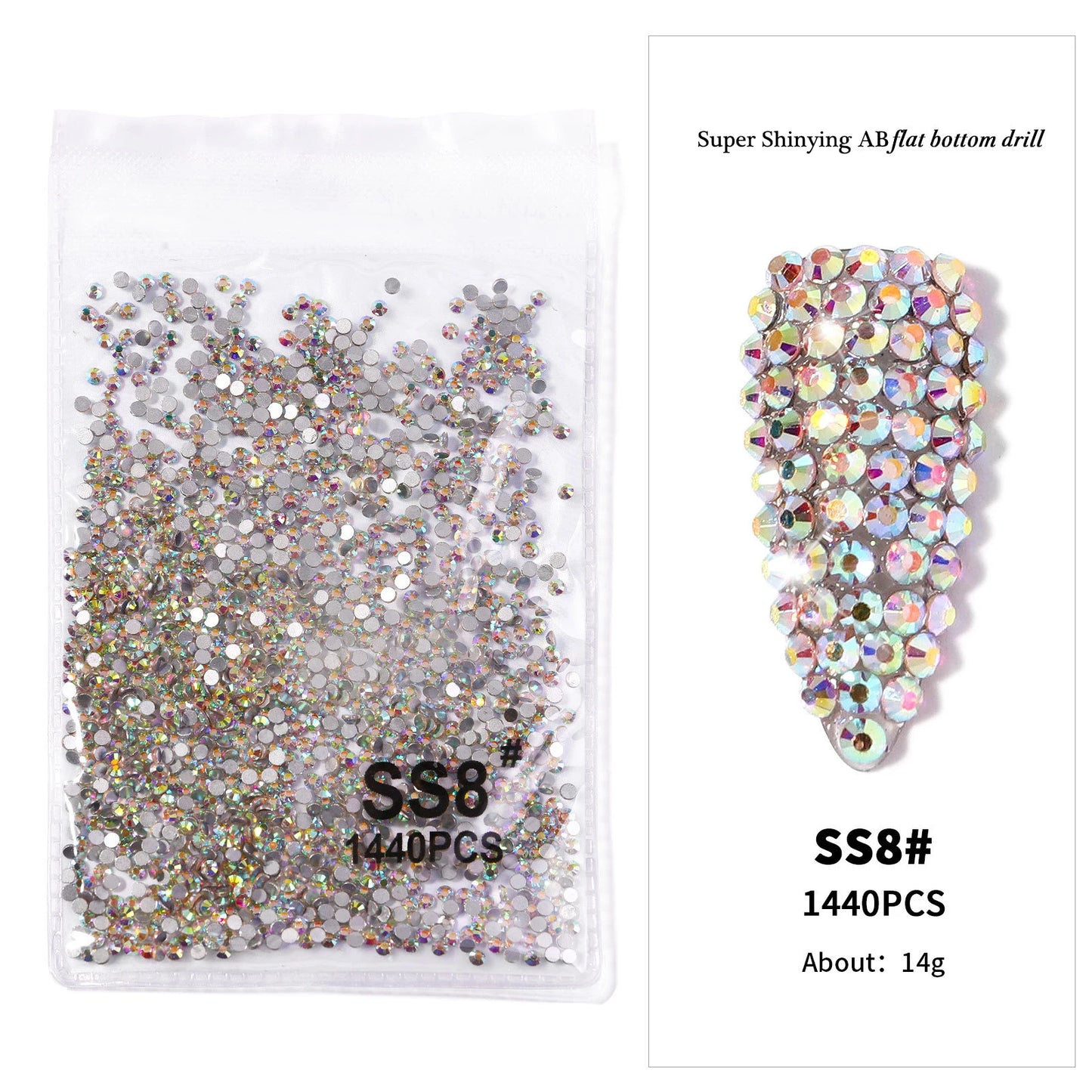 1440Pcs/bag AB/Clear Round Mini Nail Diamond SS3-SS16(1.3-4mm) FlatBack Non-Hotfix Nail Crystal Crystal Clear AB Manicure Glass