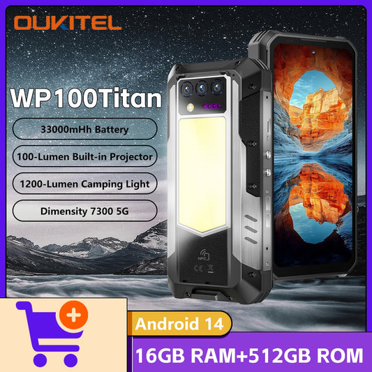 2025 NEW Oulitel WP100 Titan Rugged Phone 33000mAh 100-Lumne Built-in Projector Dimensity 7300 16GB RAM+512GB ROM Android 14
