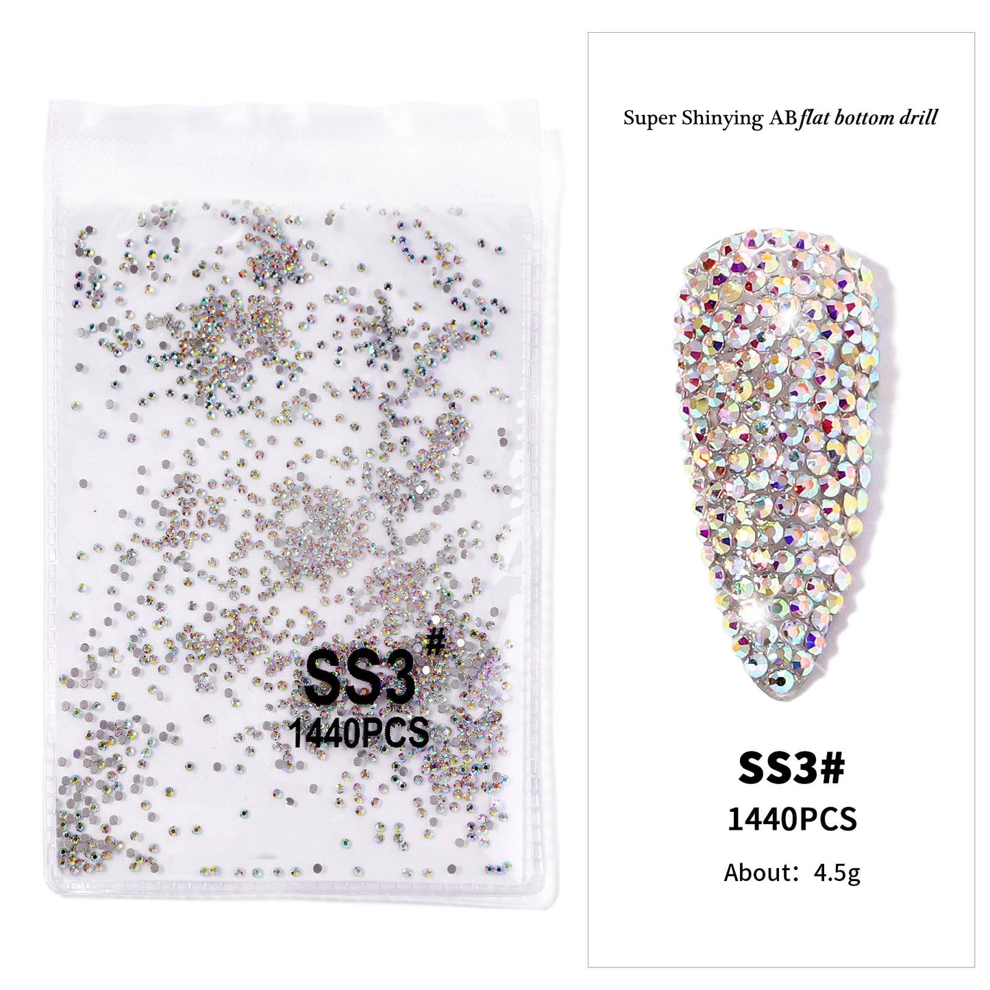 1440Pcs/bag AB/Clear Round Mini Nail Diamond SS3-SS16(1.3-4mm) FlatBack Non-Hotfix Nail Crystal Crystal Clear AB Manicure Glass