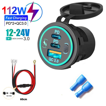 3 Ports Quick Charge 112W Car Charger for 12V 24V Vehicles