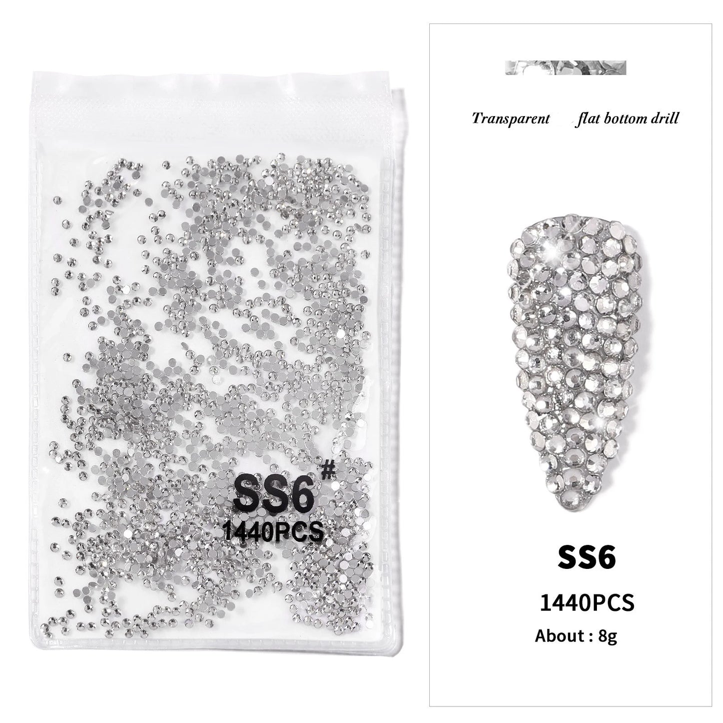 1440Pcs/bag AB/Clear Round Mini Nail Diamond SS3-SS16(1.3-4mm) FlatBack Non-Hotfix Nail Crystal Crystal Clear AB Manicure Glass