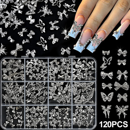 120pcs/box 3D Gold Bow Butterfly Nail Metal Charms Shiny Cute Bowtie/Diamond Star Nail Jewelry 120 Luxury Nail Art Supplies #RE4
