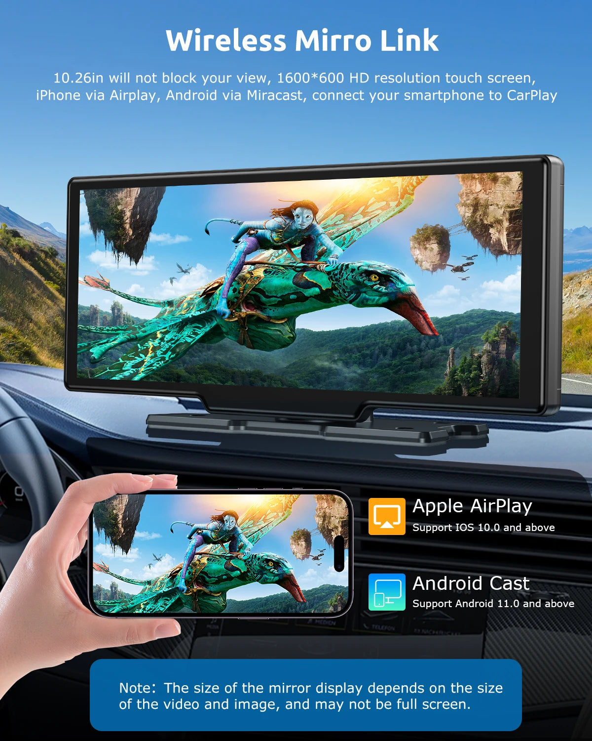 10.26"4K 64G TouchScreen Portable Wireless CarPlay Android Auto Truck Dash Car Stereo Bluetooth GPS Navi Reversing Wide-Angle FM