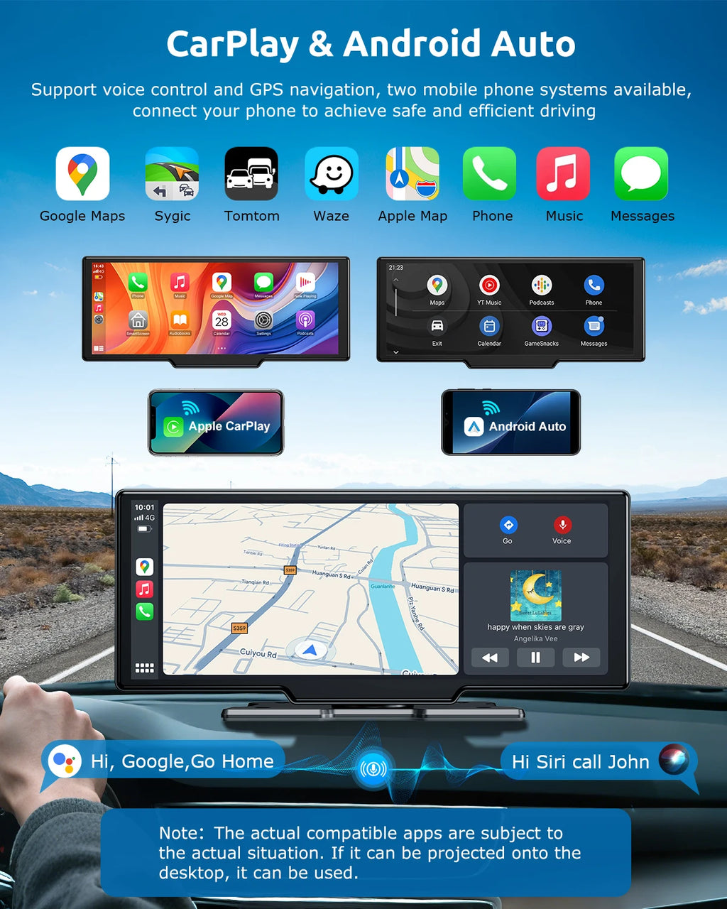 10.26"4K 64G TouchScreen Portable Wireless CarPlay Android Auto Truck Dash Car Stereo Bluetooth GPS Navi Reversing Wide-Angle FM