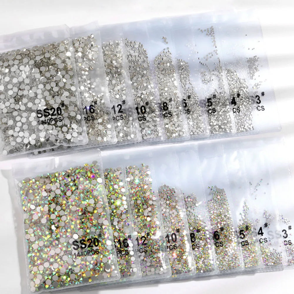 1440Pcs/bag AB/Clear Round Mini Nail Diamond SS3-SS16(1.3-4mm) FlatBack Non-Hotfix Nail Crystal Crystal Clear AB Manicure Glass