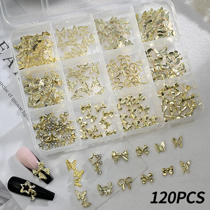 120pcs/box 3D Gold Bow Butterfly Nail Metal Charms Shiny Cute Bowtie/Diamond Star Nail Jewelry 120 Luxury Nail Art Supplies #RE4
