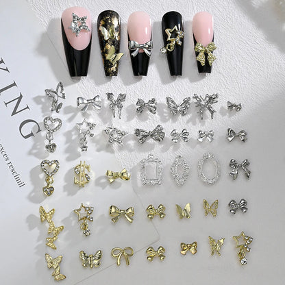120pcs/box 3D Gold Bow Butterfly Nail Metal Charms Shiny Cute Bowtie/Diamond Star Nail Jewelry 120 Luxury Nail Art Supplies #RE4