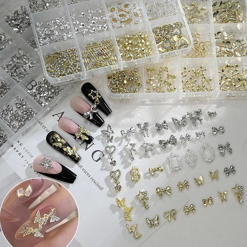 120pcs/box 3D Gold Bow Butterfly Nail Metal Charms Shiny Cute Bowtie/Diamond Star Nail Jewelry 120 Luxury Nail Art Supplies #RE4