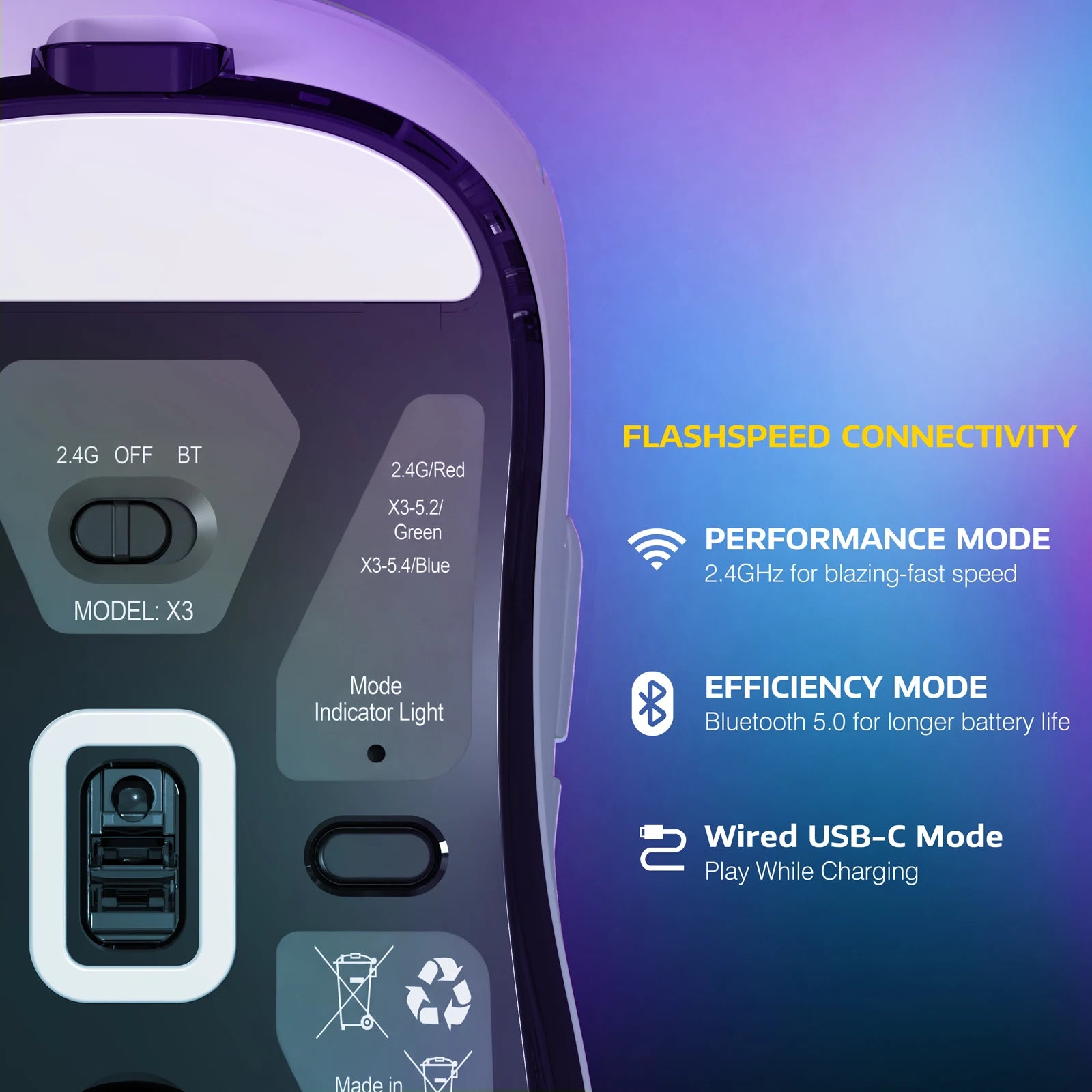 ATTACK SHARK X3 Wireless Gaming Mouse,49g Ergonomic PC Mouse,Triple Modes PAW3395 26K DPI Optical Sensor,Programmable Buttons