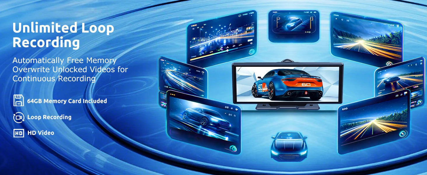 10.26"4K 64G TouchScreen Portable Wireless CarPlay Android Auto Truck Dash Car Stereo Bluetooth GPS Navi Reversing Wide-Angle FM