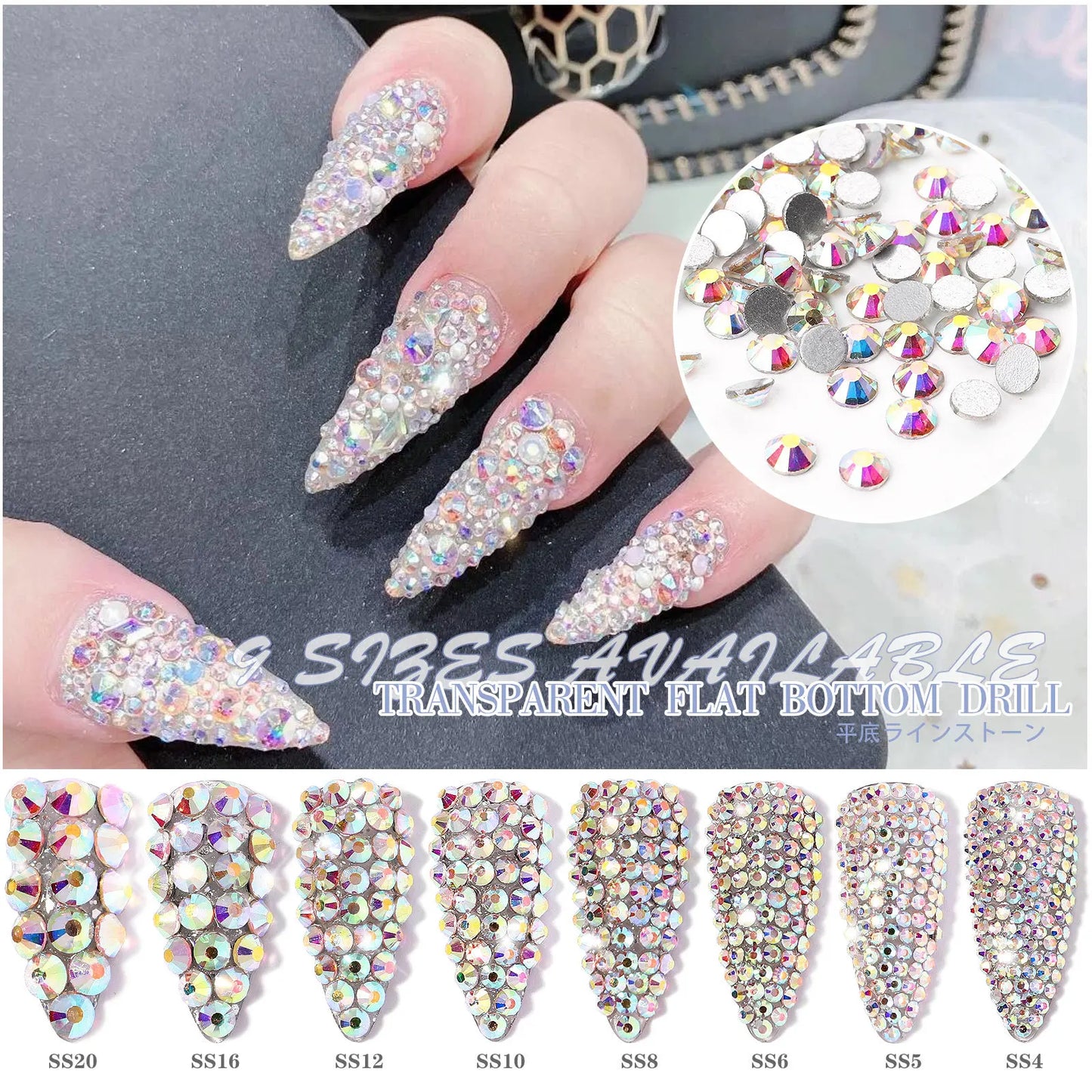 1440Pcs/bag AB/Clear Round Mini Nail Diamond SS3-SS16(1.3-4mm) FlatBack Non-Hotfix Nail Crystal Crystal Clear AB Manicure Glass