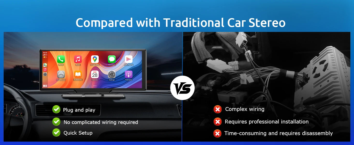 10.26"4K 64G TouchScreen Portable Wireless CarPlay Android Auto Truck Dash Car Stereo Bluetooth GPS Navi Reversing Wide-Angle FM