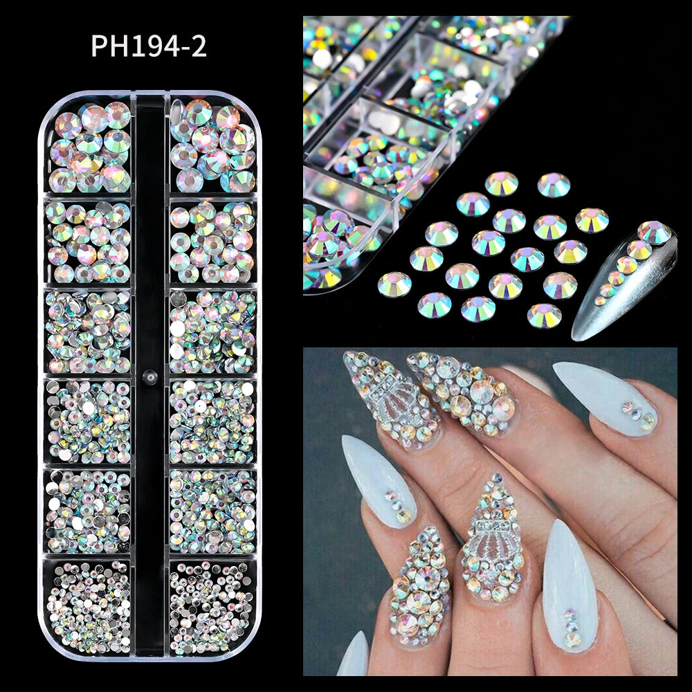 1440Pcs/bag AB/Clear Round Mini Nail Diamond SS3-SS16(1.3-4mm) FlatBack Non-Hotfix Nail Crystal Crystal Clear AB Manicure Glass
