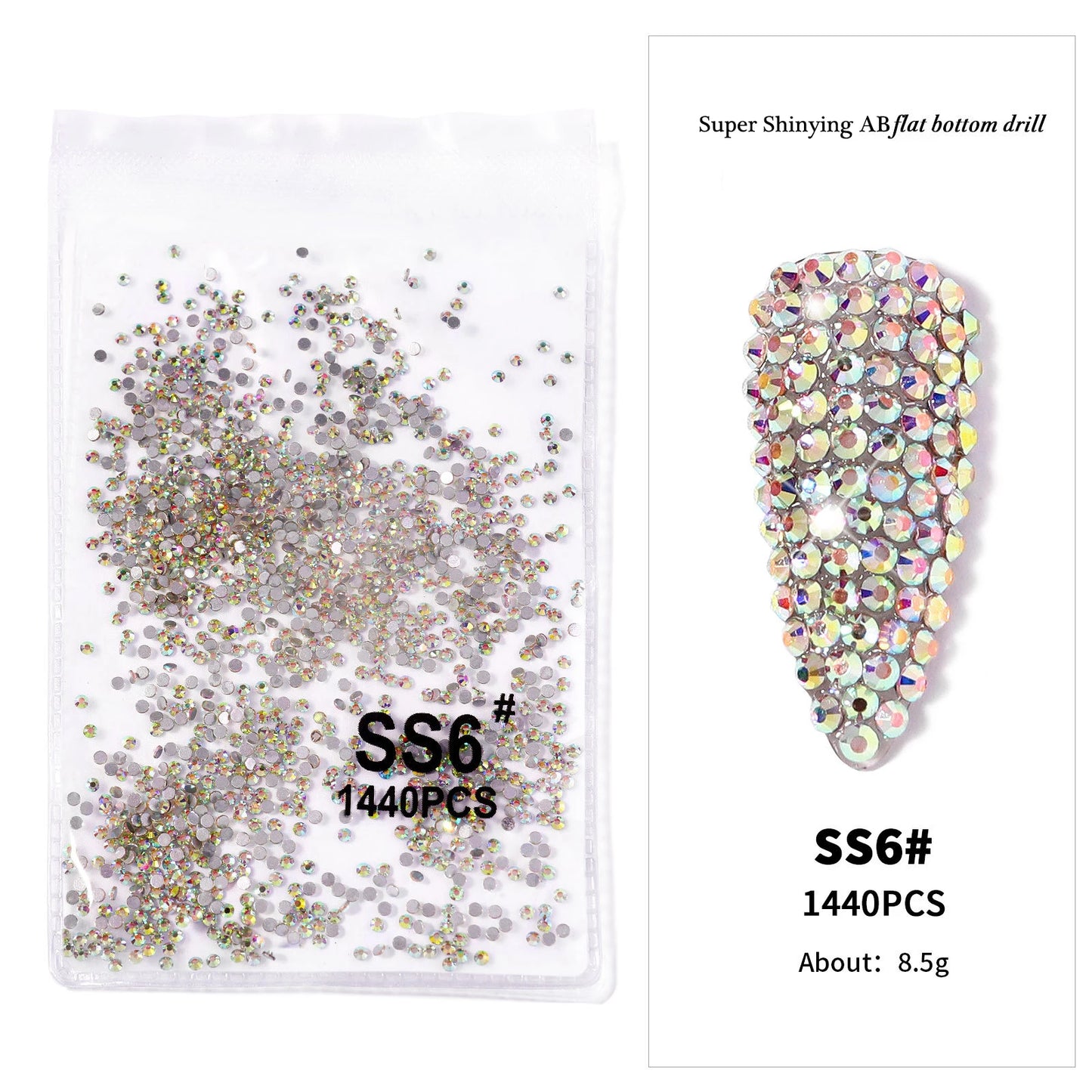 1440Pcs/bag AB/Clear Round Mini Nail Diamond SS3-SS16(1.3-4mm) FlatBack Non-Hotfix Nail Crystal Crystal Clear AB Manicure Glass