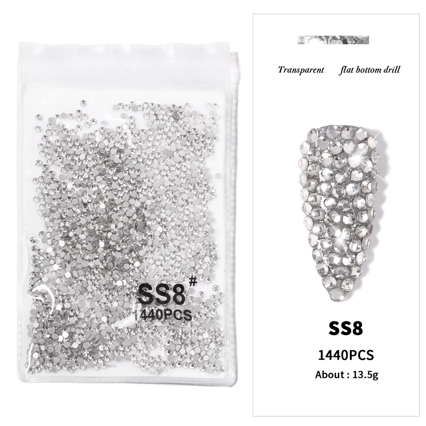 1440Pcs/bag AB/Clear Round Mini Nail Diamond SS3-SS16(1.3-4mm) FlatBack Non-Hotfix Nail Crystal Crystal Clear AB Manicure Glass