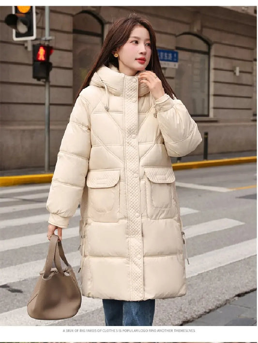2025 Winter Women's New Hooded Casual down Cotton Coat, Long Sleeve Hooded Design Mid-Length Jacket, Fashionable, Elegant, and Warm
